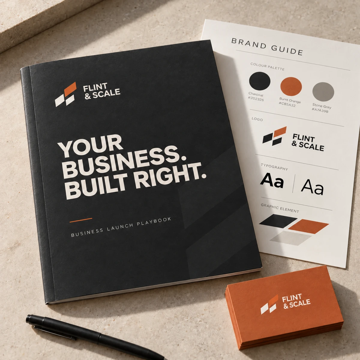Illustrative Flint and Scale launch kit with a business playbook, brand guide and coordinated stationery